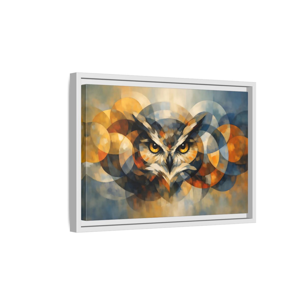 Side Mockup 4. Animals Owl Gold And Blue Owl shown as stretched canvas wall art