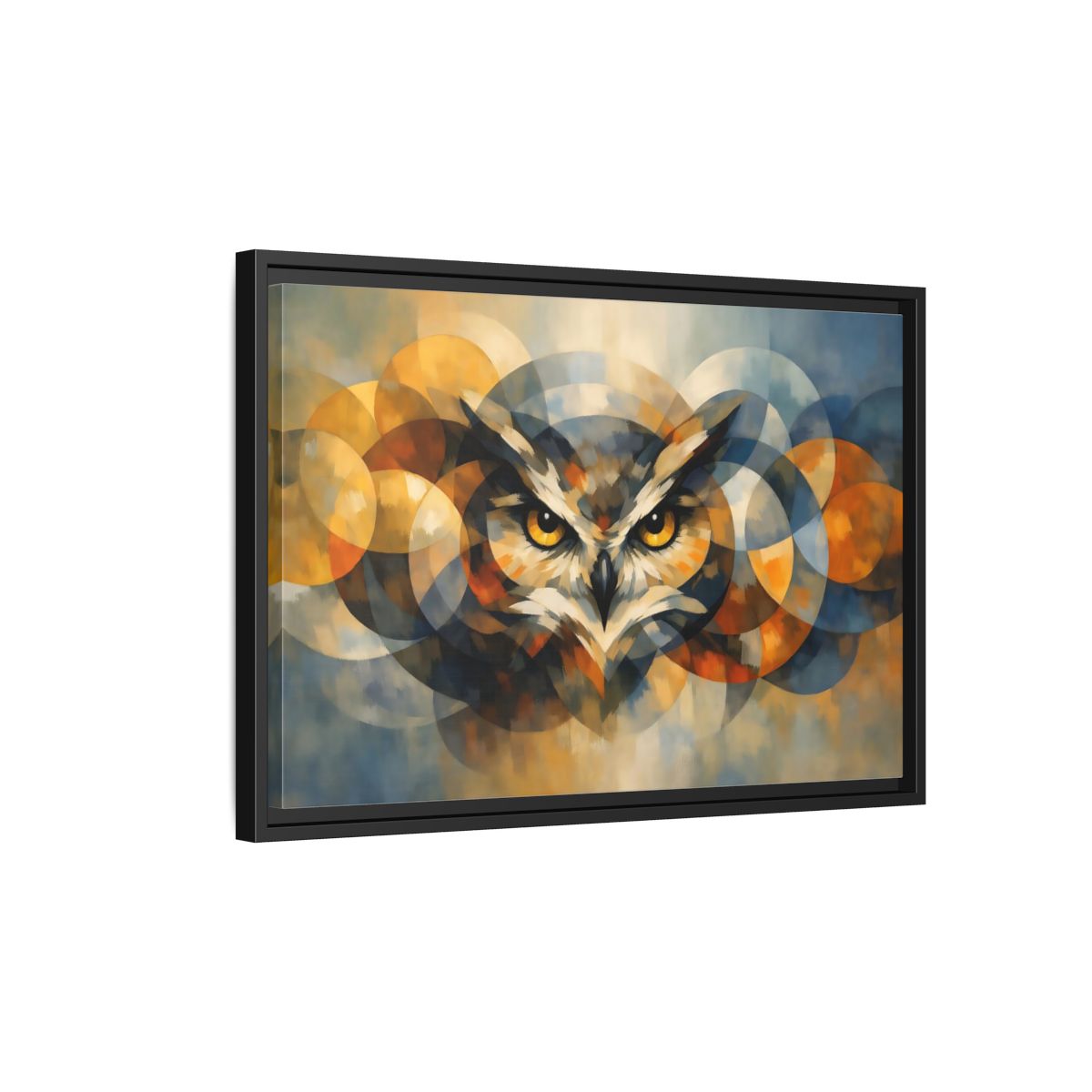 Side Mockup 3. Animals Owl Gold And Blue Owl shown as stretched canvas wall art