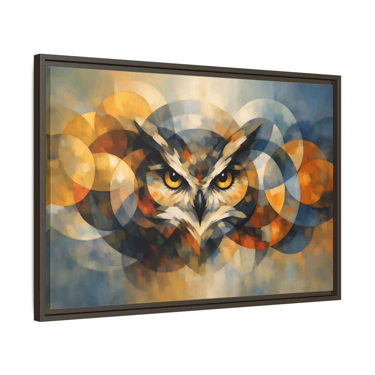 Side Mockup 11. Animals Owl Gold And Blue Owl shown as stretched canvas wall art