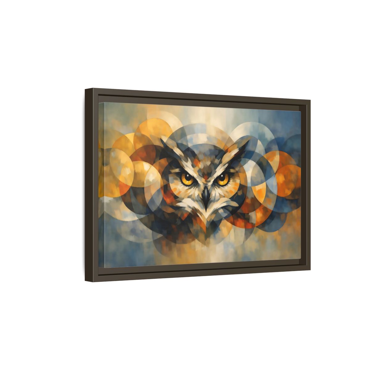 Side Mockup 5. Animals Owl Gold And Blue Owl shown as stretched canvas wall art