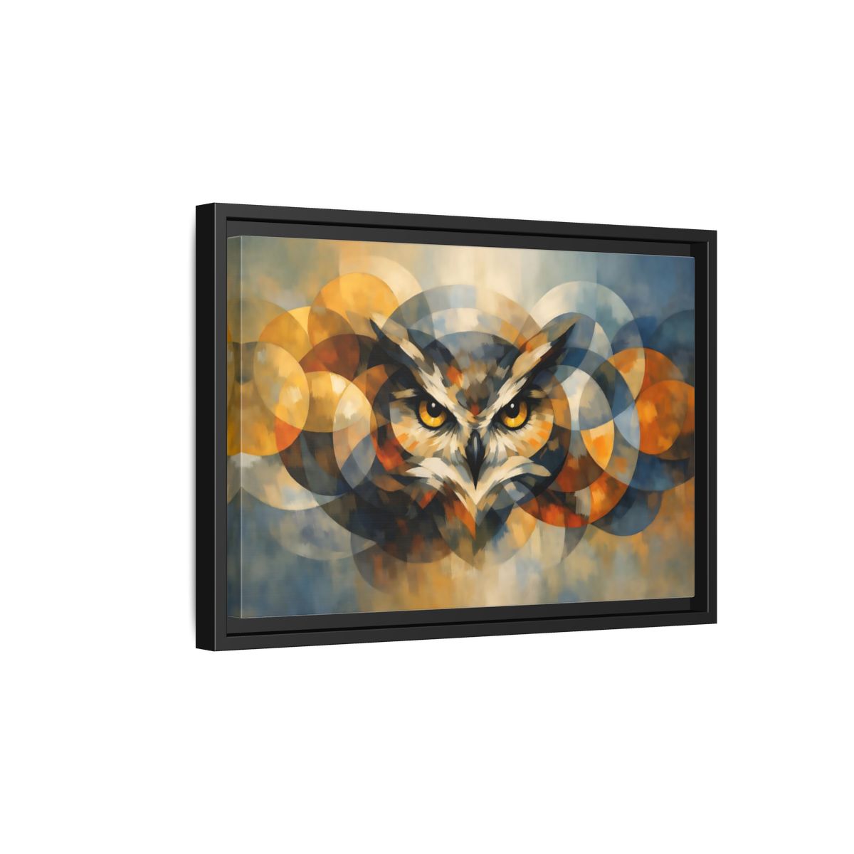 Side Mockup 6. Animals Owl Gold And Blue Owl shown as stretched canvas wall art