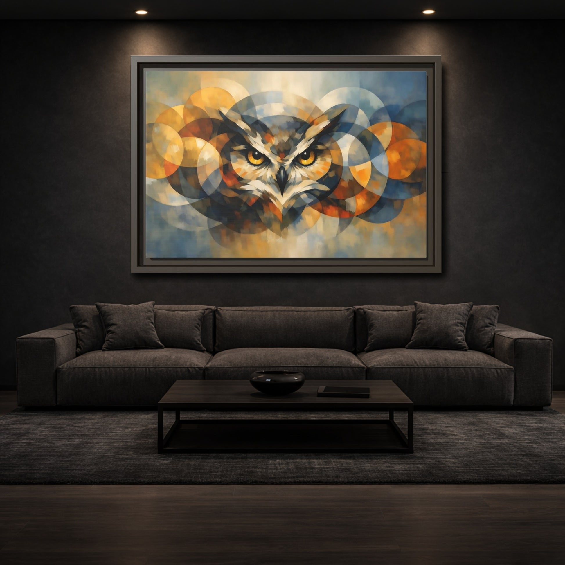 Mockup 2. Animals Owl Gold And Blue Owl shown as stretched canvas wall art