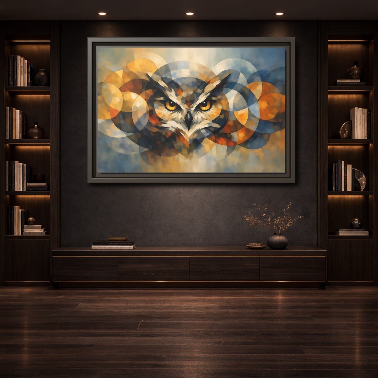 Mockup 3. Animals Owl Gold And Blue Owl shown as stretched canvas wall art