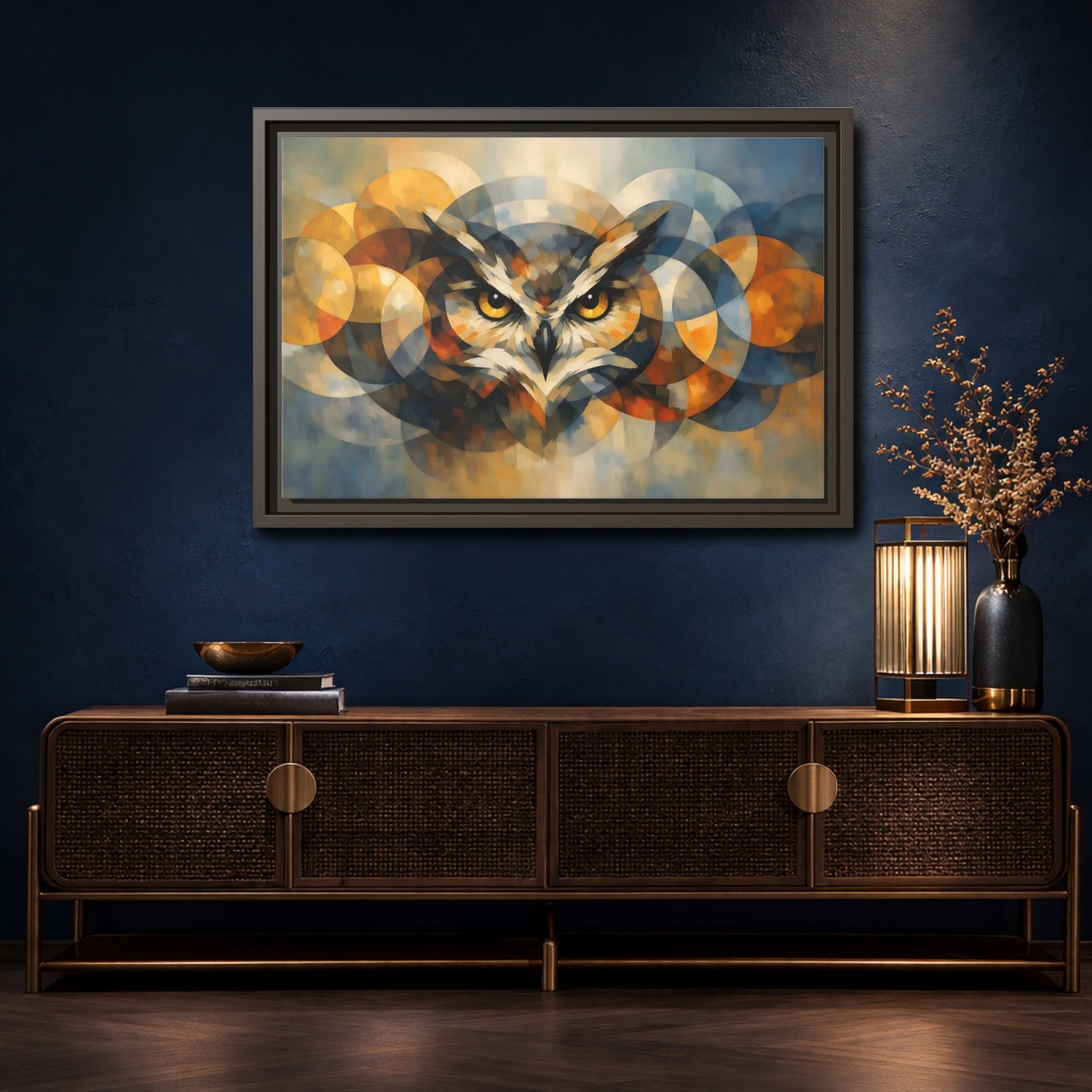 Mockup 4. Animals Owl Gold And Blue Owl shown as stretched canvas wall art