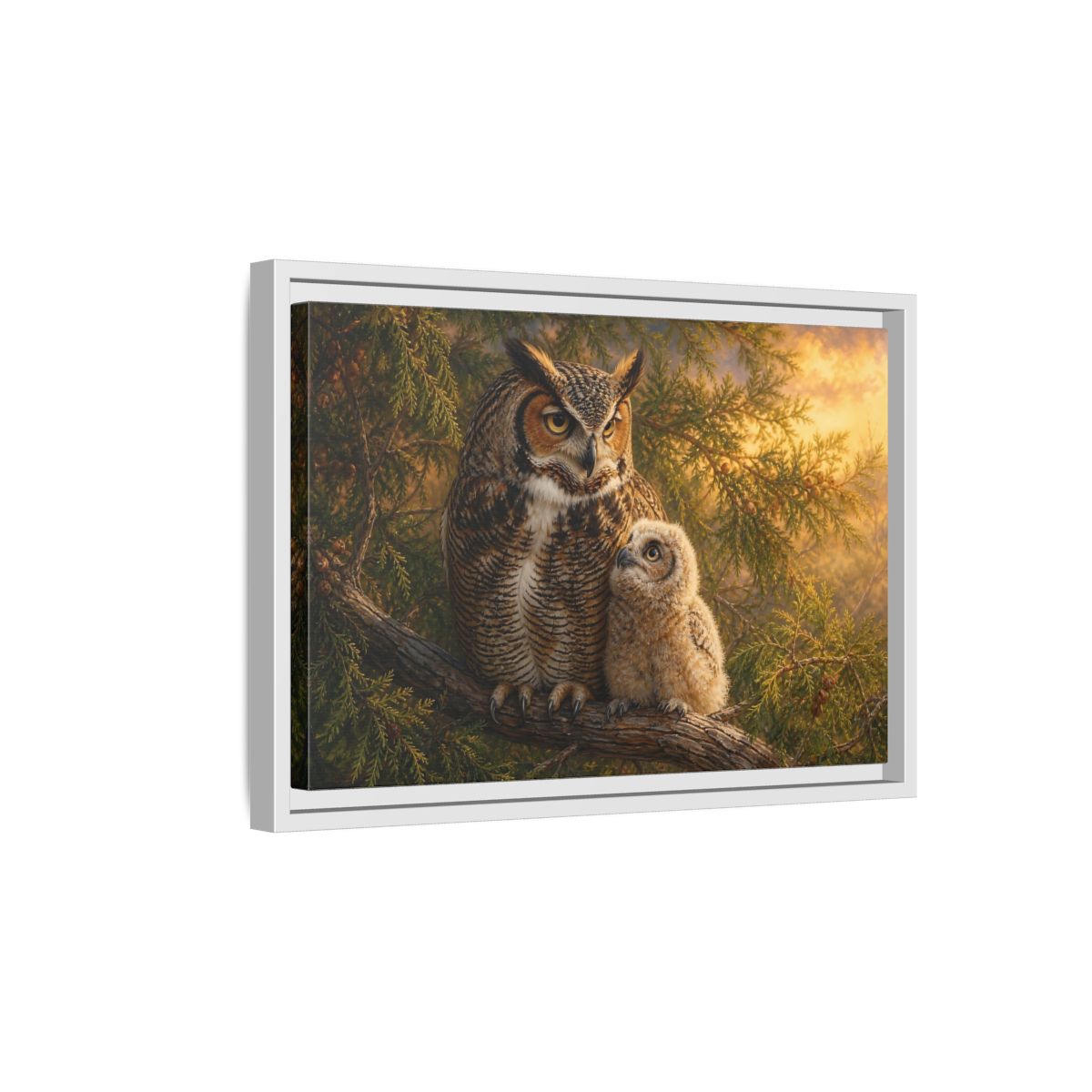 Side Mockup 4. Animals Owls Brown Owls Golden Sky shown as stretched canvas wall art
