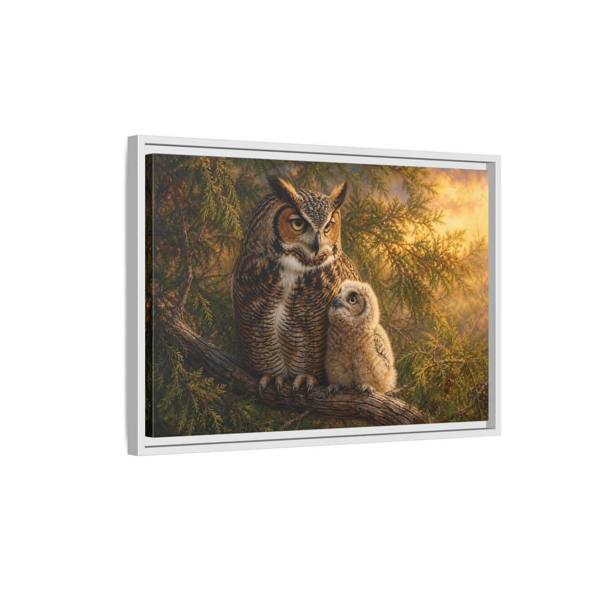 Side Mockup 1. Animals Owls Brown Owls Golden Sky shown as stretched canvas wall art