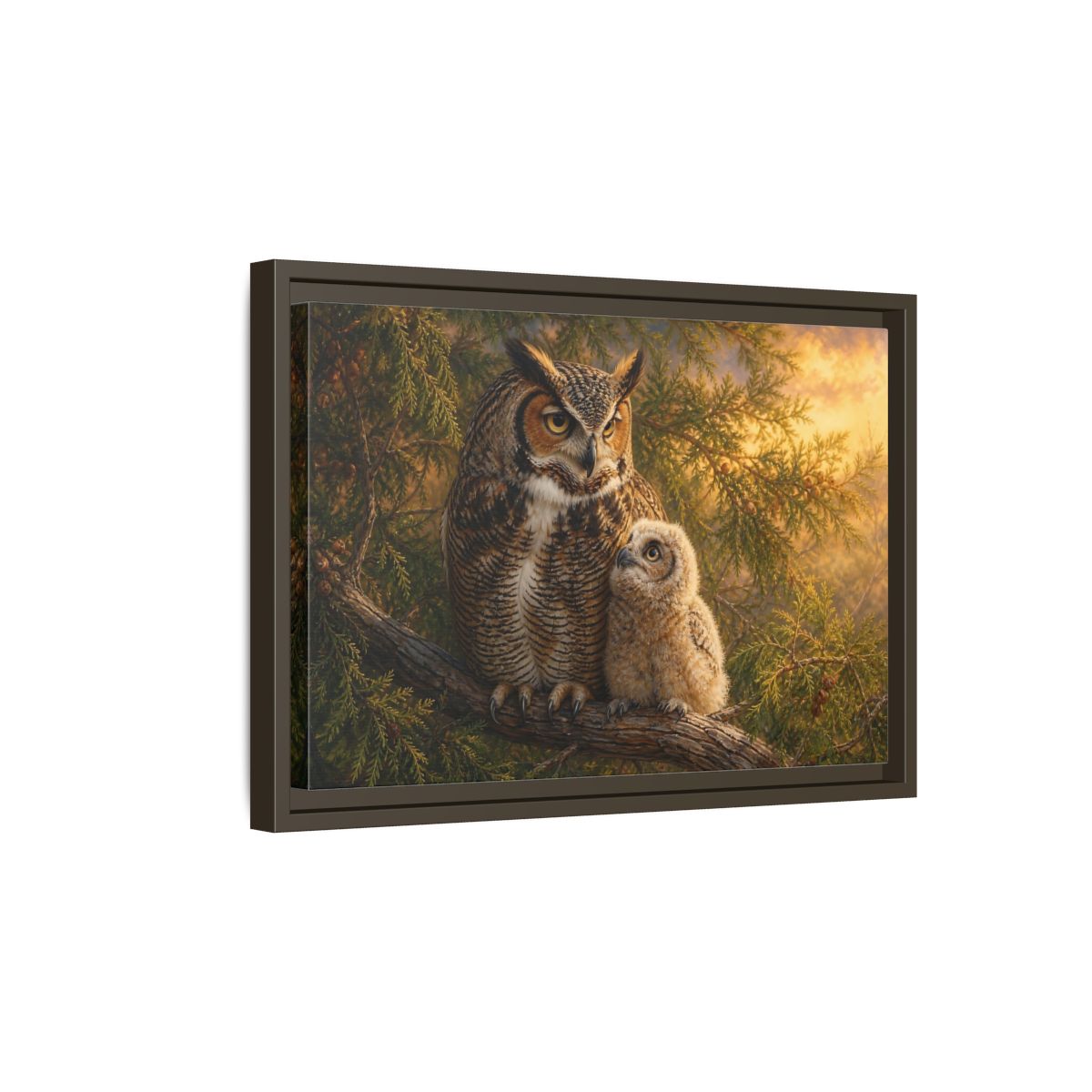 Side Mockup 5. Animals Owls Brown Owls Golden Sky shown as stretched canvas wall art