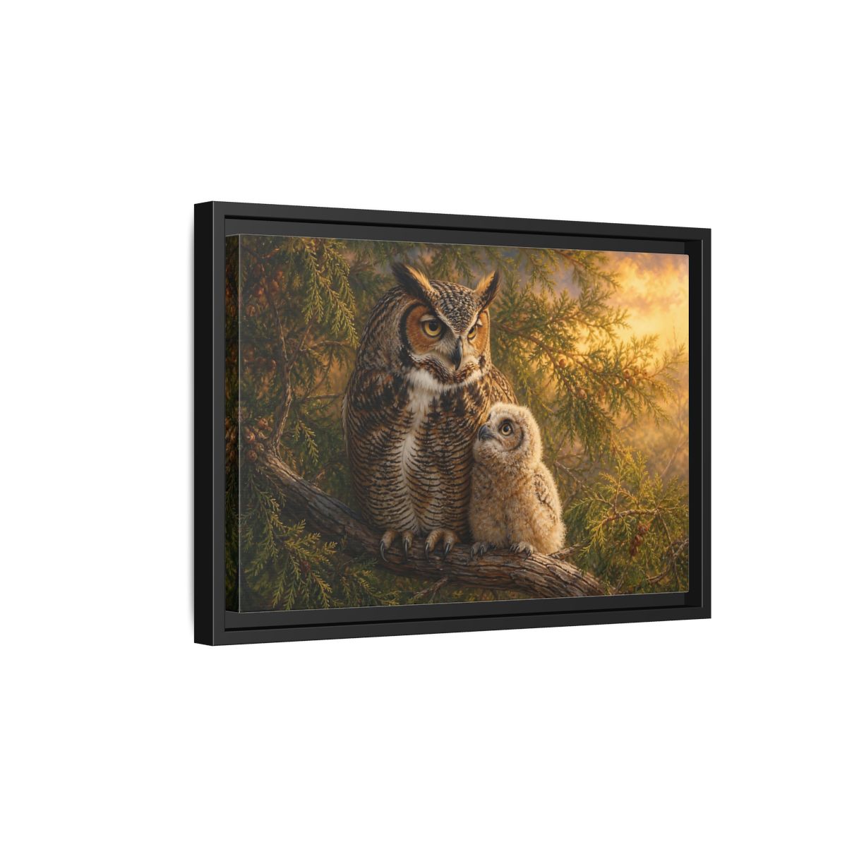 Side Mockup 6. Animals Owls Brown Owls Golden Sky shown as stretched canvas wall art