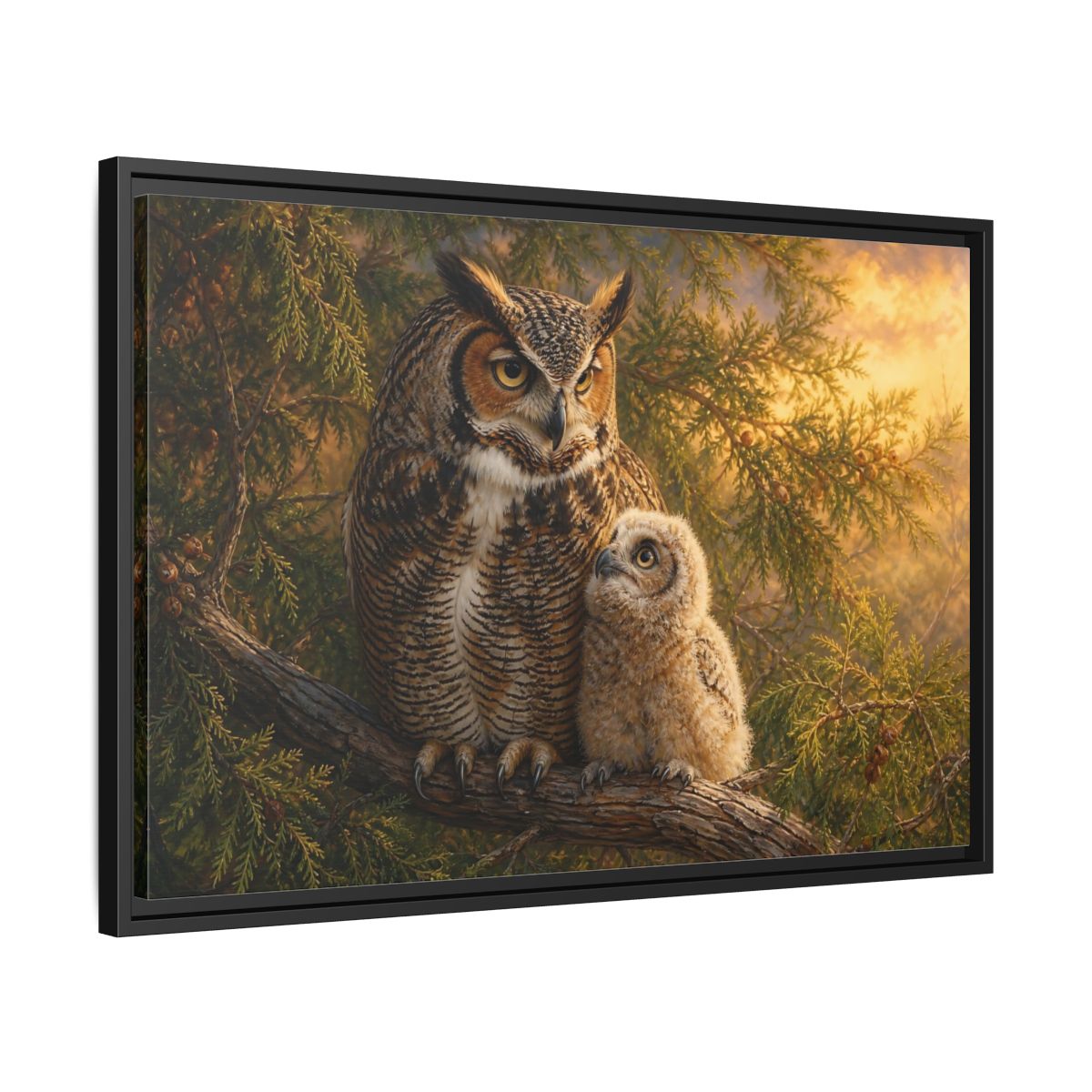 Side Mockup 14. Animals Owls Brown Owls Golden Sky shown as stretched canvas wall art