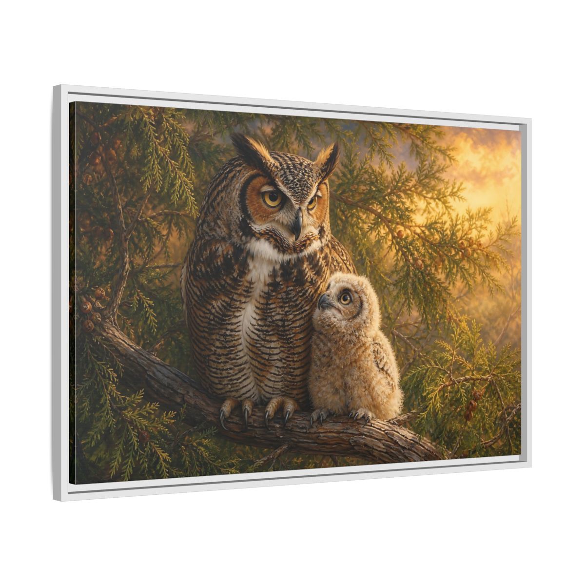 Side Mockup 9. Animals Owls Brown Owls Golden Sky shown as stretched canvas wall art