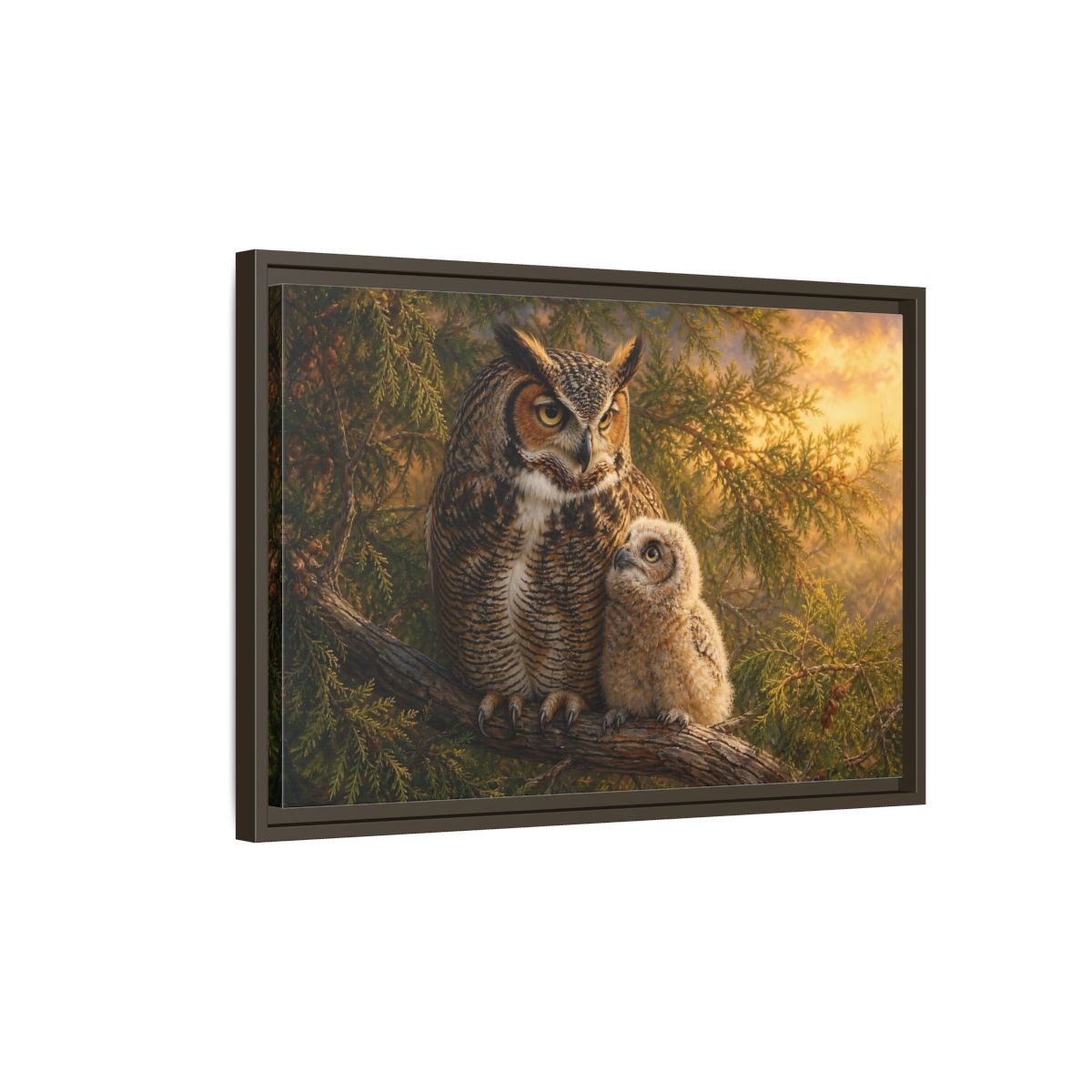 Side Mockup 2. Animals Owls Brown Owls Golden Sky shown as stretched canvas wall art