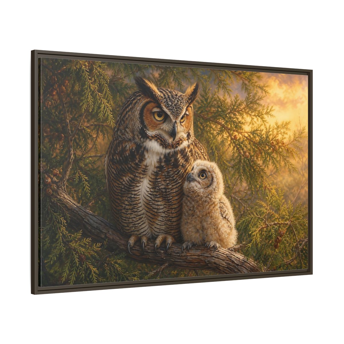 Side Mockup 8. Animals Owls Brown Owls Golden Sky shown as stretched canvas wall art