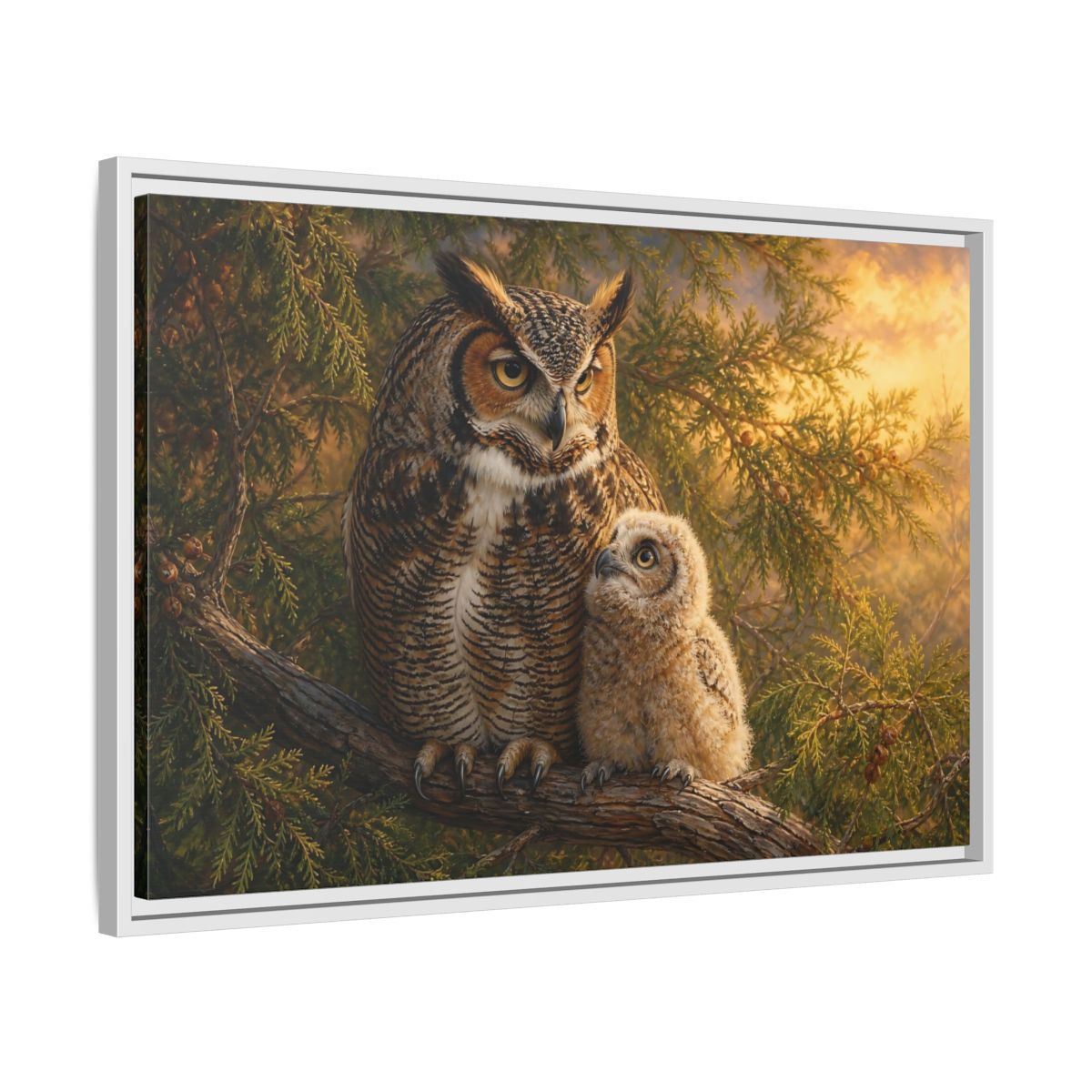 Side Mockup 10. Animals Owls Brown Owls Golden Sky shown as stretched canvas wall art