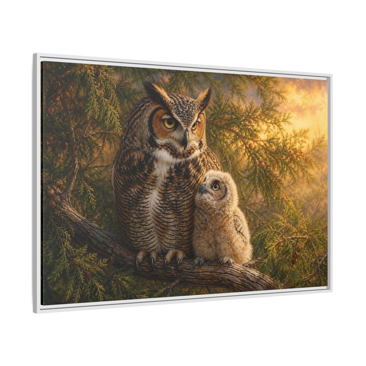 Side Mockup 7. Animals Owls Brown Owls Golden Sky shown as stretched canvas wall art