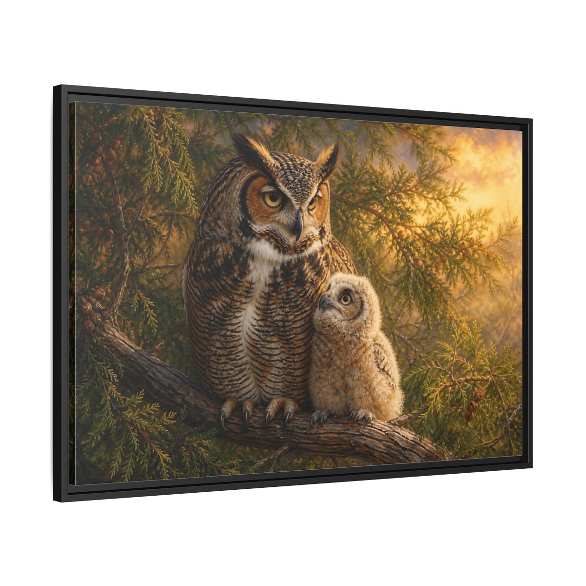 Side Mockup 13. Animals Owls Brown Owls Golden Sky shown as stretched canvas wall art