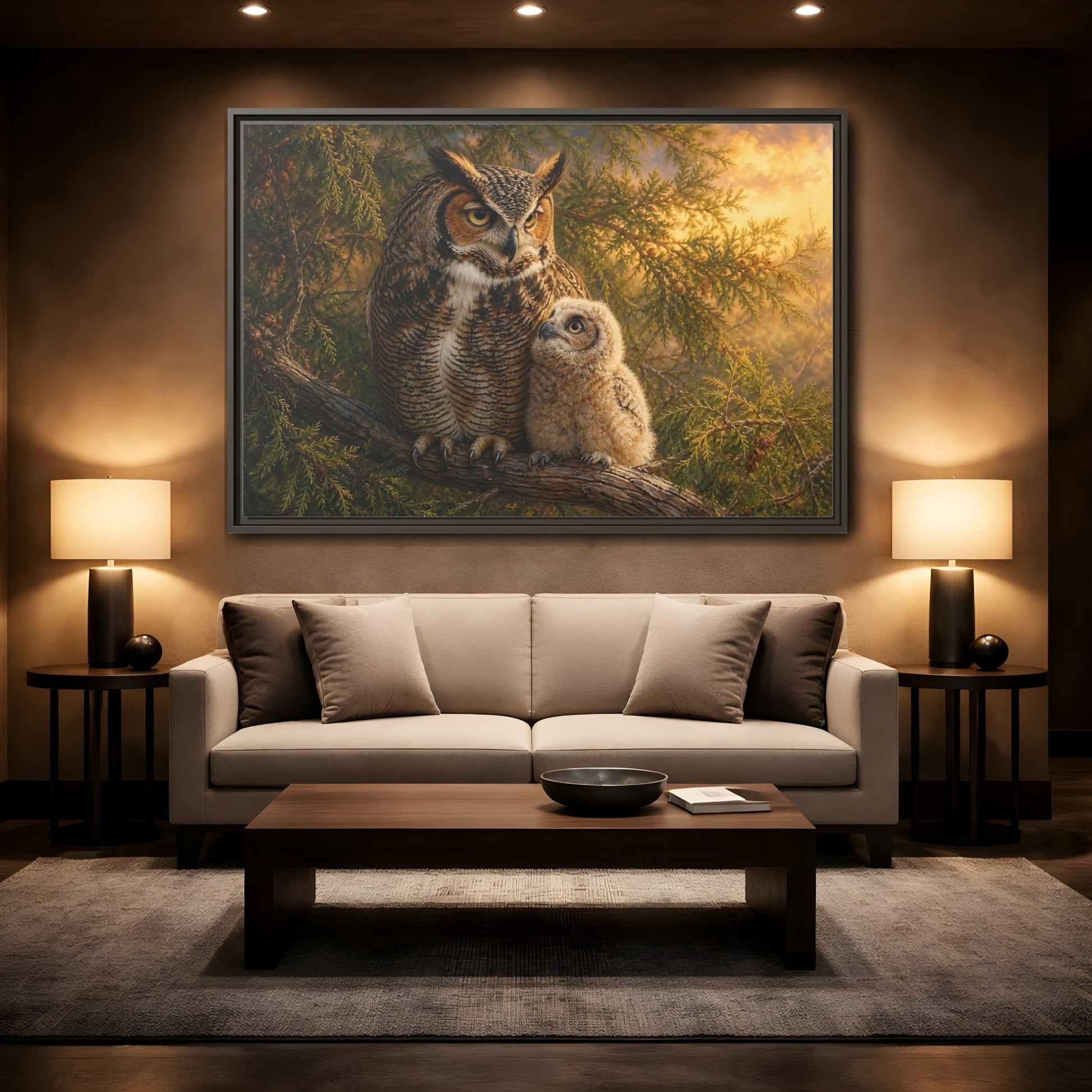 Mockup 2. Animals Owls Brown Owls Golden Sky shown as stretched canvas wall art