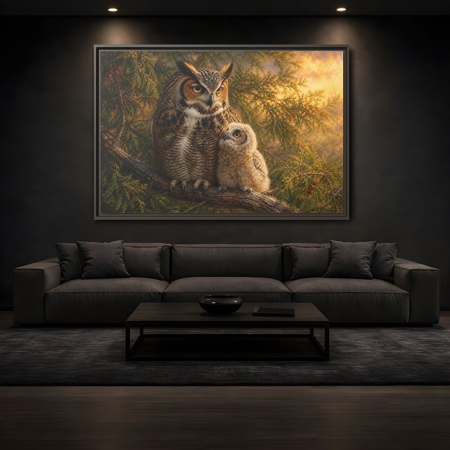 Mockup 3. Animals Owls Brown Owls Golden Sky shown as stretched canvas wall art