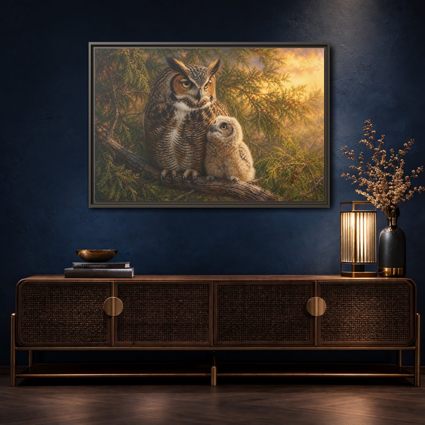 Mockup 4. Animals Owls Brown Owls Golden Sky shown as stretched canvas wall art