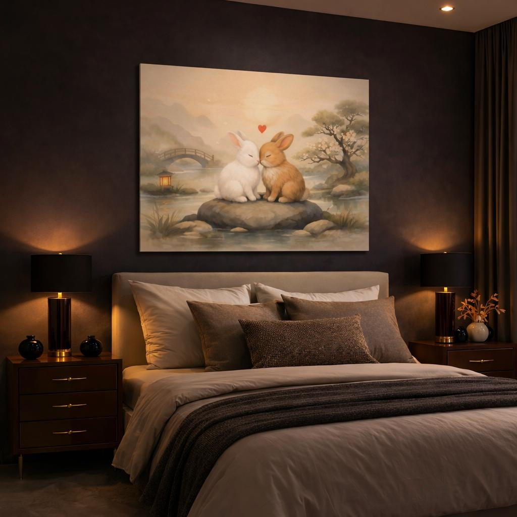 Animals Pair Of Rabbits Pastel Rabbits shown as canvas wall art in a luxury bedroom