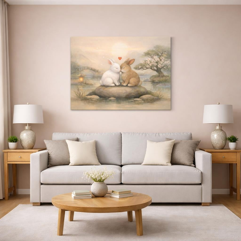Animals Pair Of Rabbits Pastel Rabbits shown as canvas wall art in a modern living room
