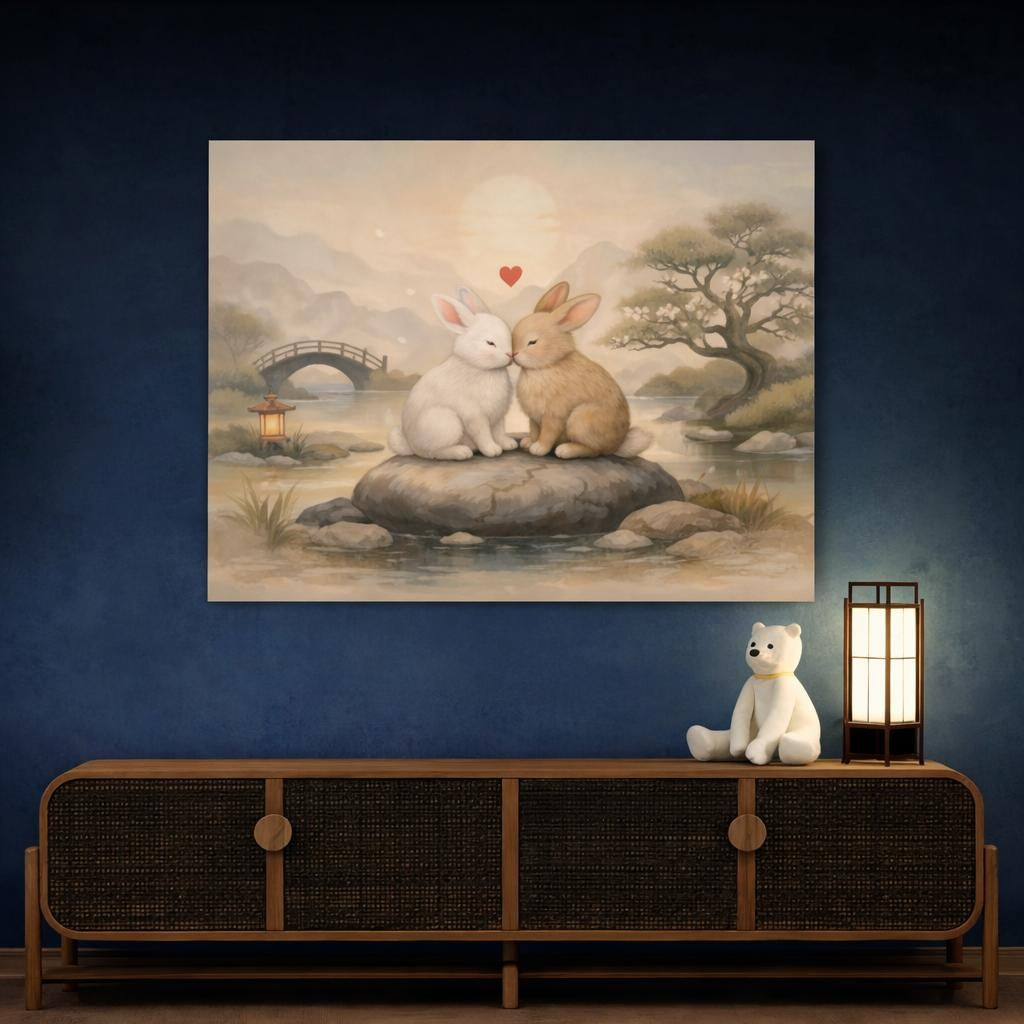 Animals Pair Of Rabbits Pastel Rabbits shown as canvas wall art in a refined dining room