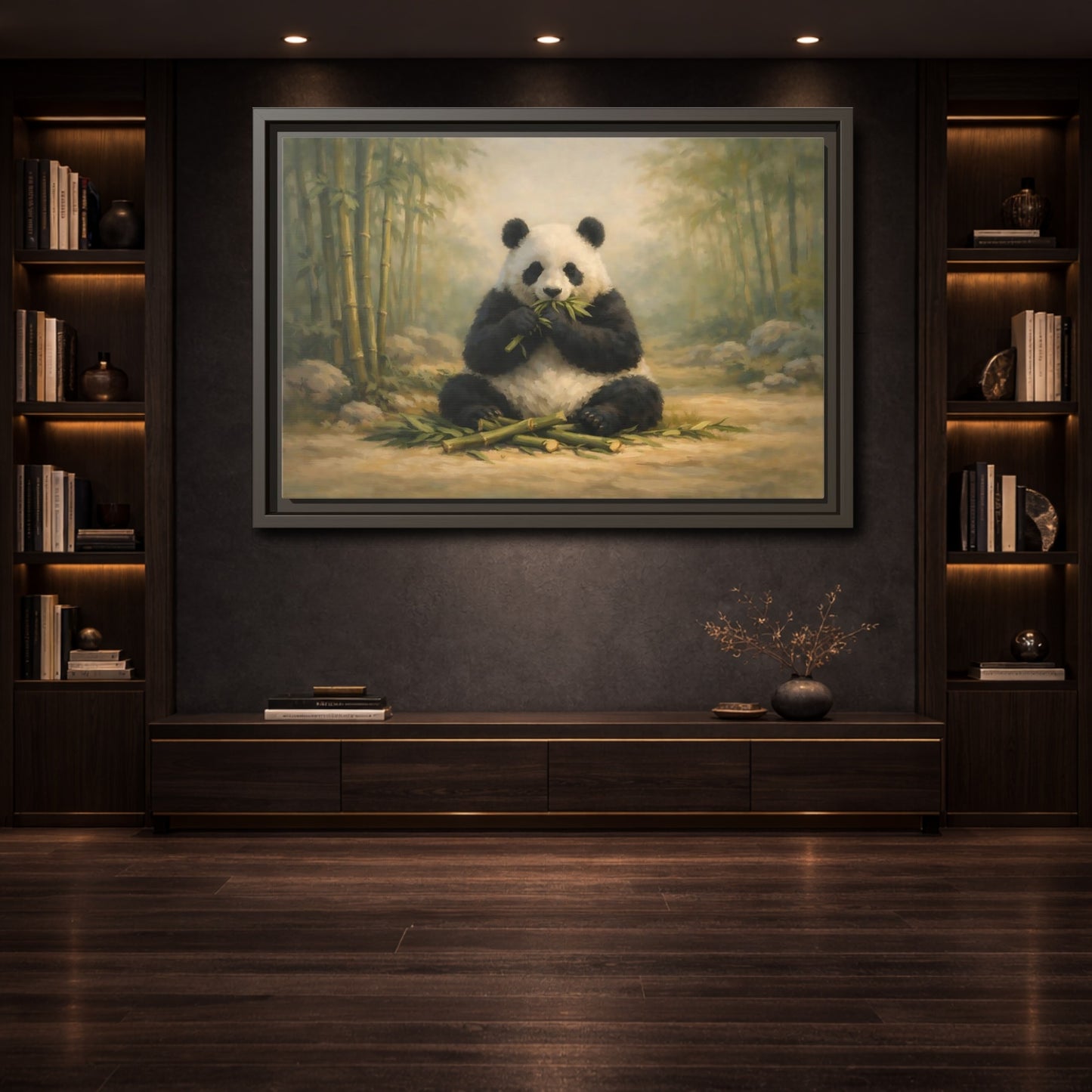 Mockup 3. Animals Panda Panda In Bamboo shown as stretched canvas wall art