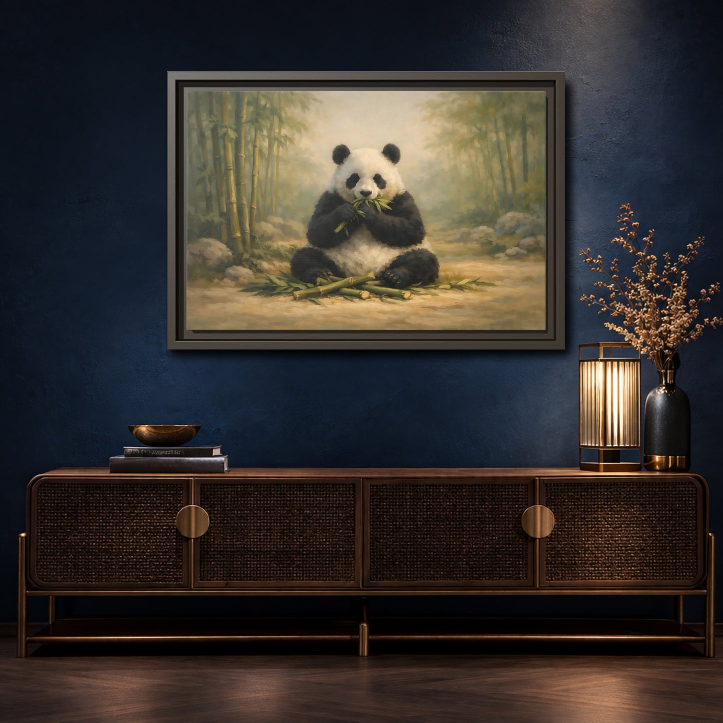 Mockup 4. Animals Panda Panda In Bamboo shown as stretched canvas wall art