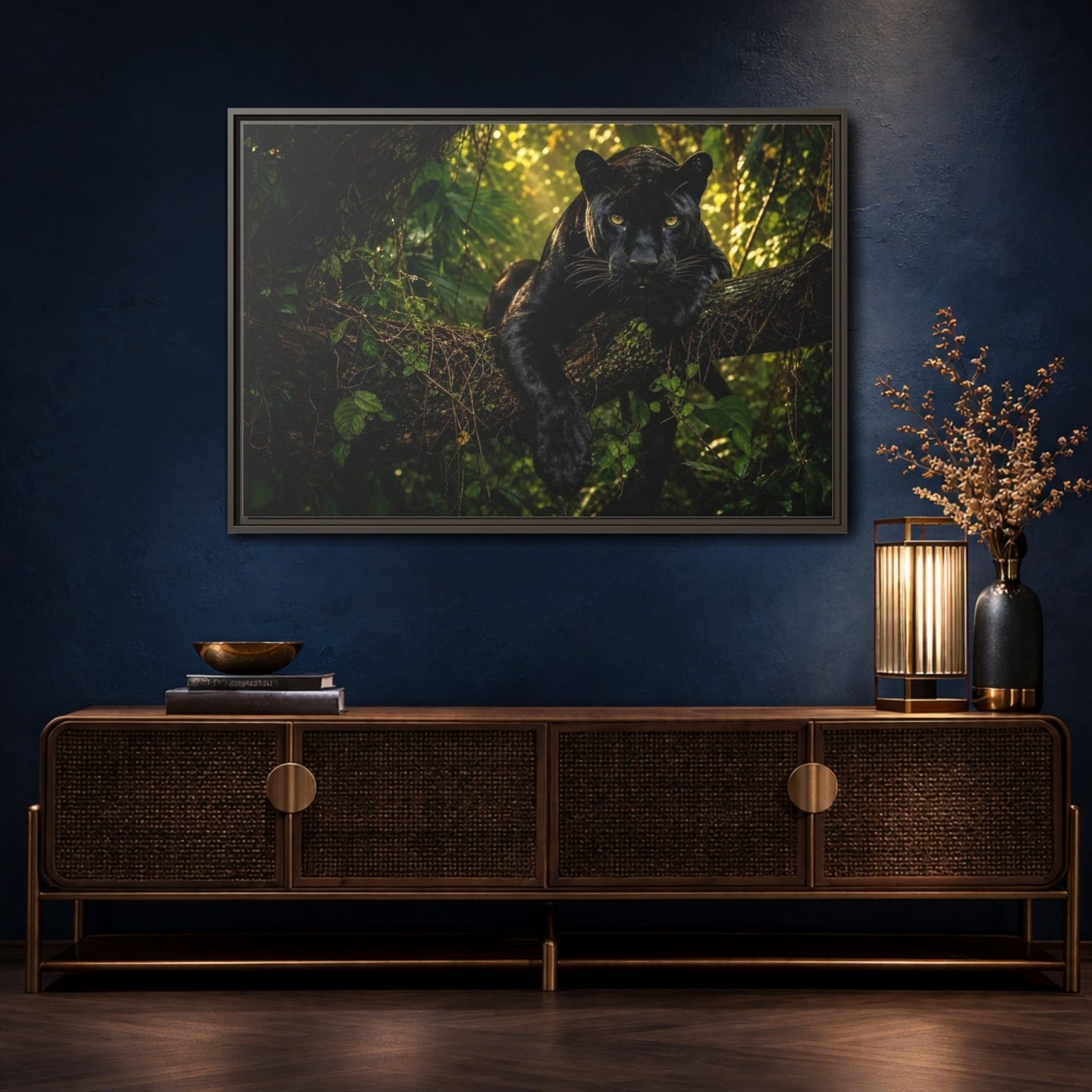 Animals Panther Black Framed Canvas Print – realistic Living Room, Above Couch - YesArtYes
