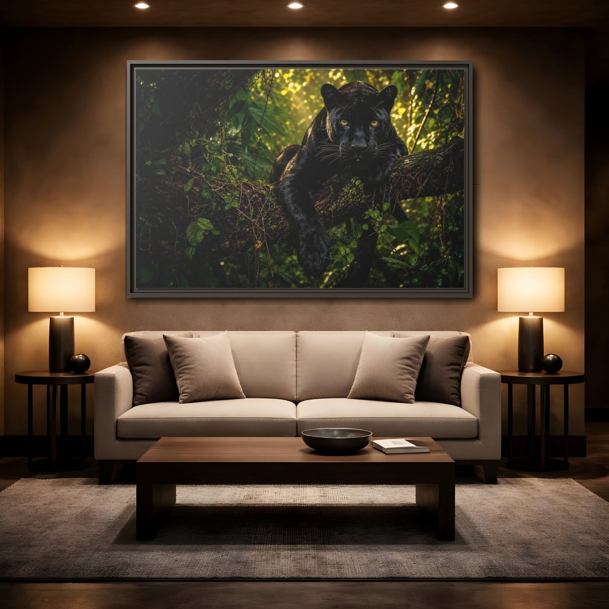 Animals Panther Black Framed Canvas Print – realistic Living Room, Above Couch - YesArtYes