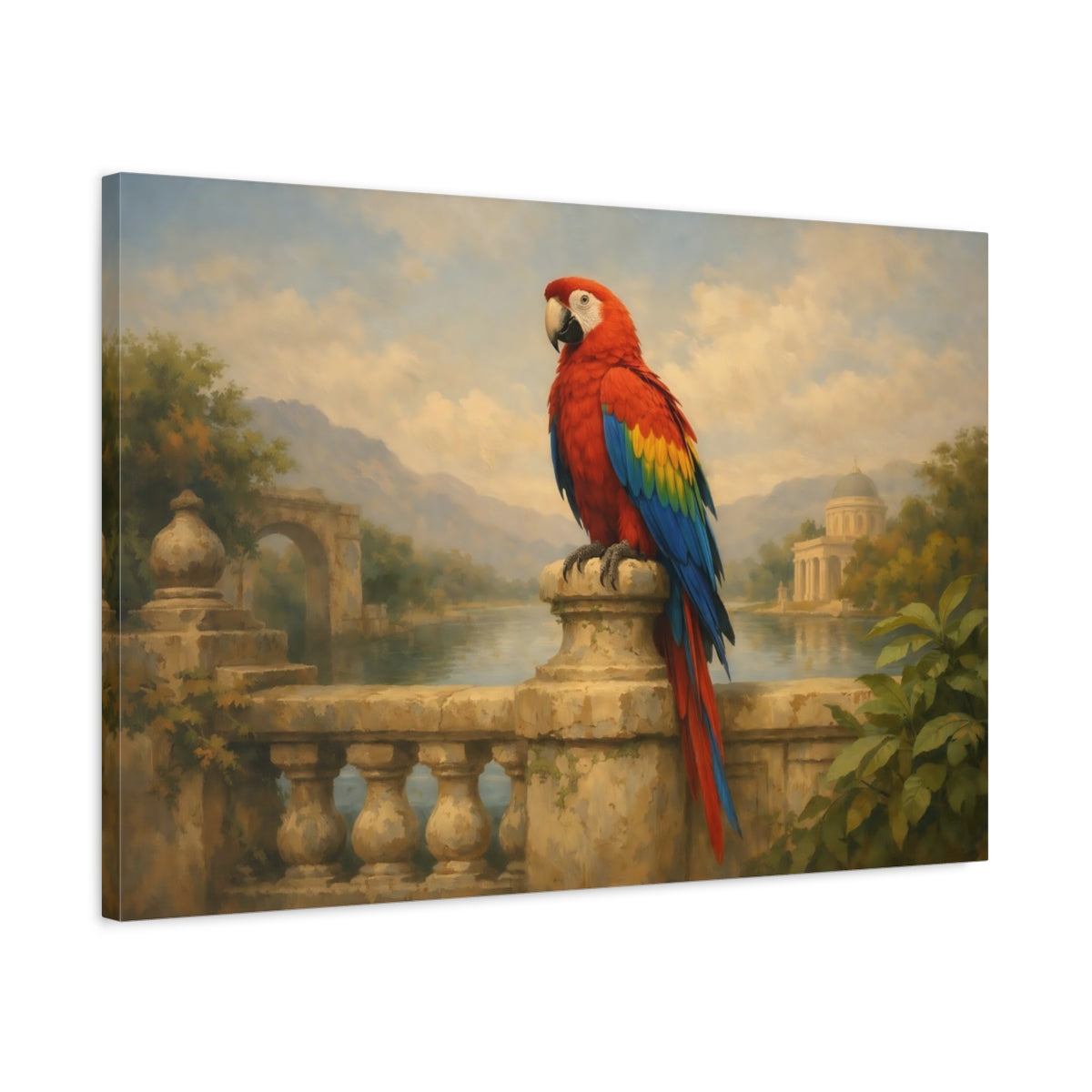Side Mockup 2. Animals Parrot Red Macaw Art shown as stretched canvas wall art