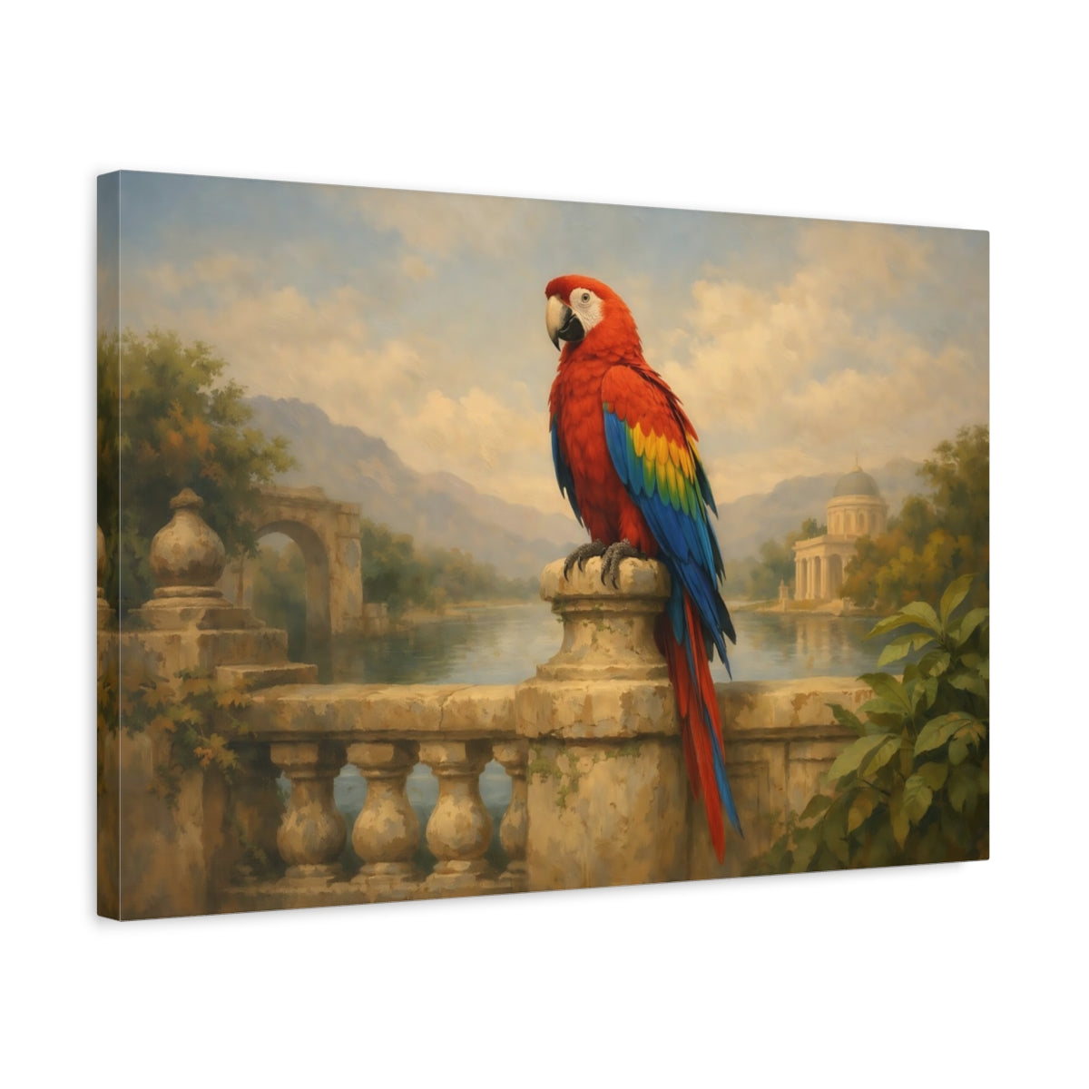 Side Mockup 3. Animals Parrot Red Macaw Art shown as stretched canvas wall art