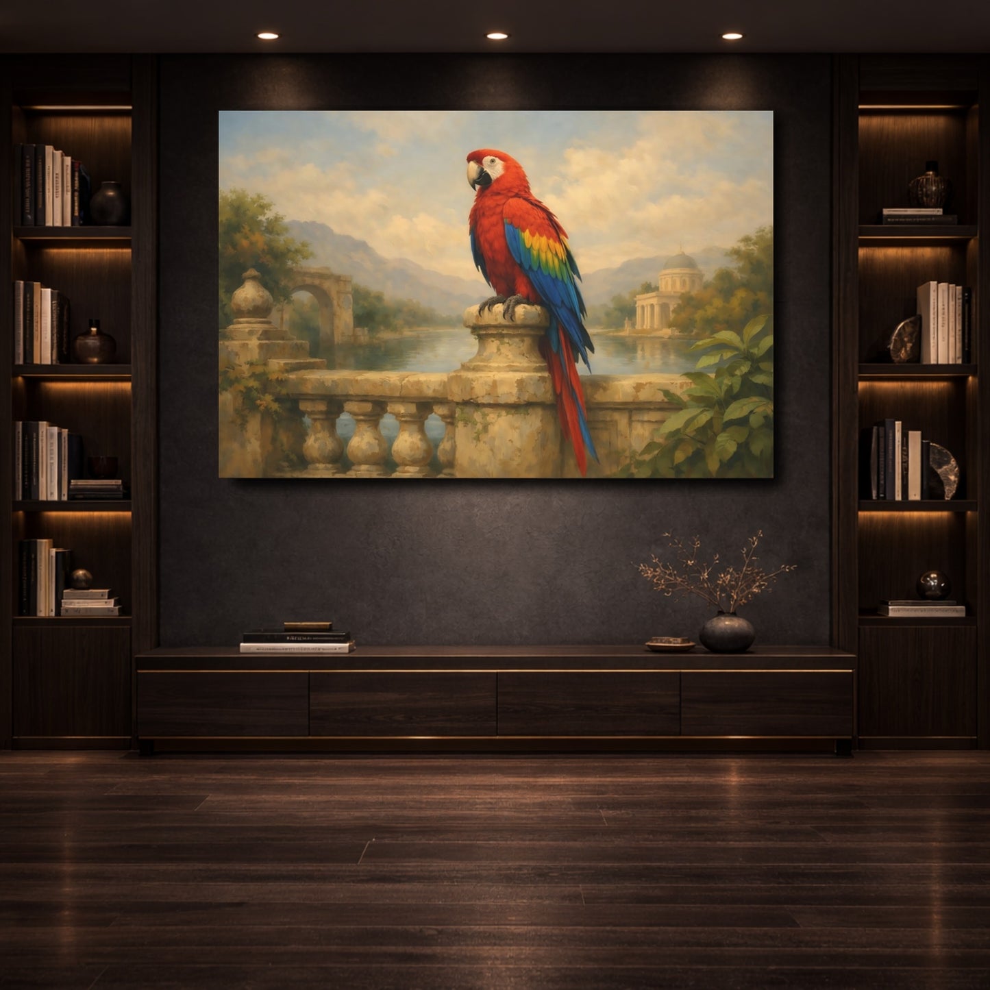 Mockup 3. Animals Parrot Red Macaw Art shown as stretched canvas wall art