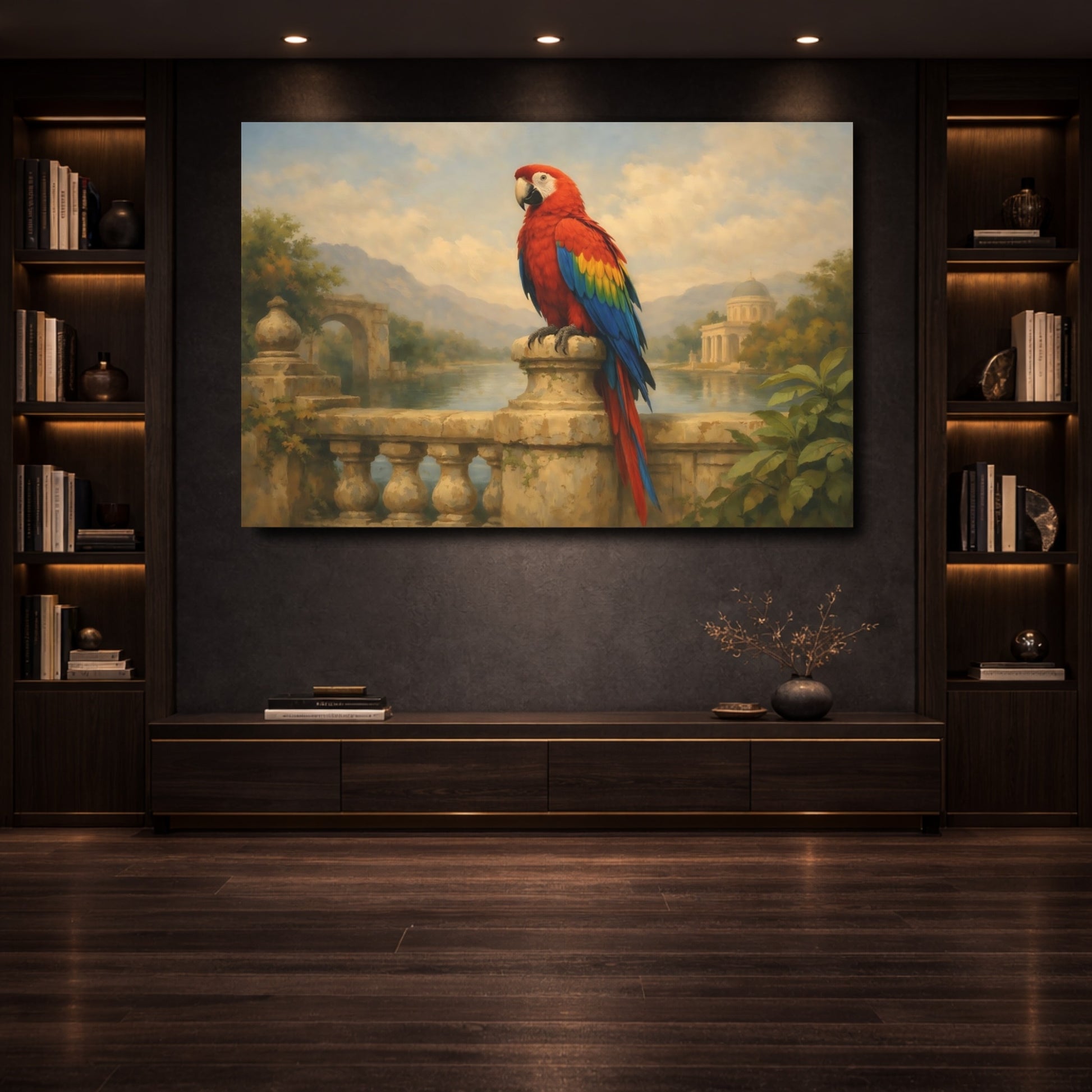 Mockup 3. Animals Parrot Red Macaw Art shown as stretched canvas wall art