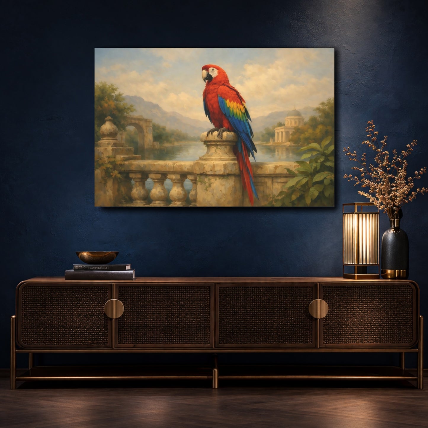 Mockup 4. Animals Parrot Red Macaw Art shown as stretched canvas wall art