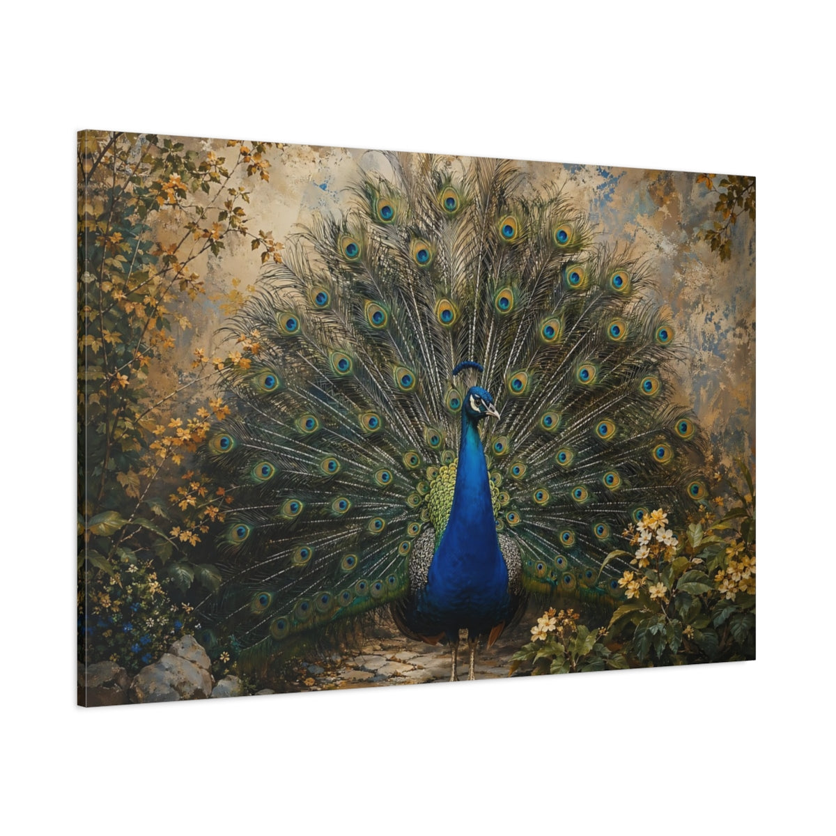 Side Mockup 1. Animals Peacock Peacock Blue shown as stretched canvas wall art