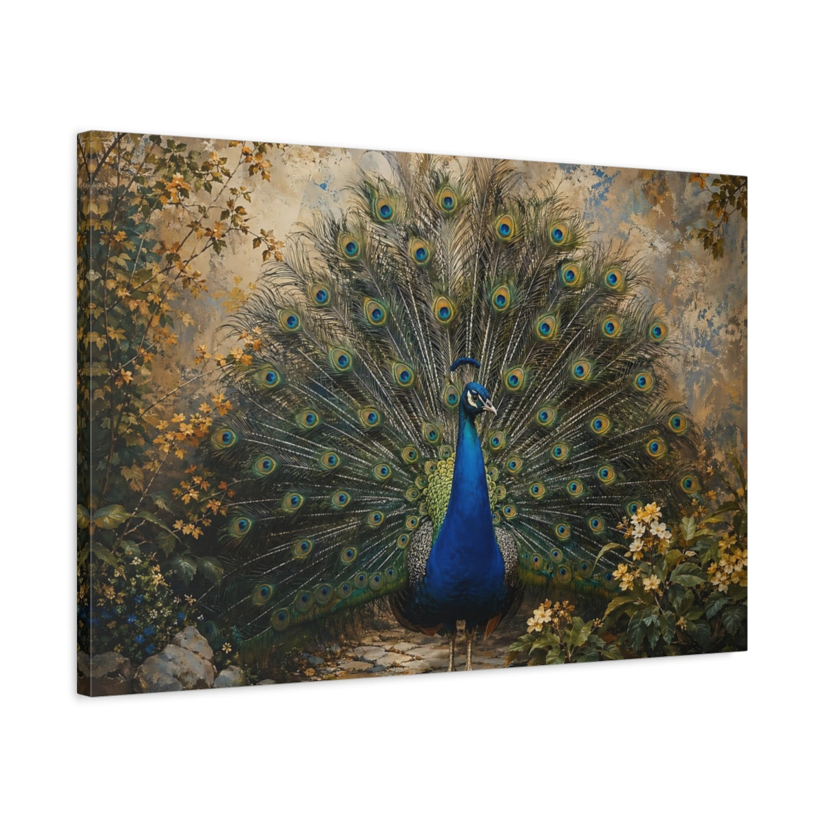 Side Mockup 2. Animals Peacock Peacock Blue shown as stretched canvas wall art