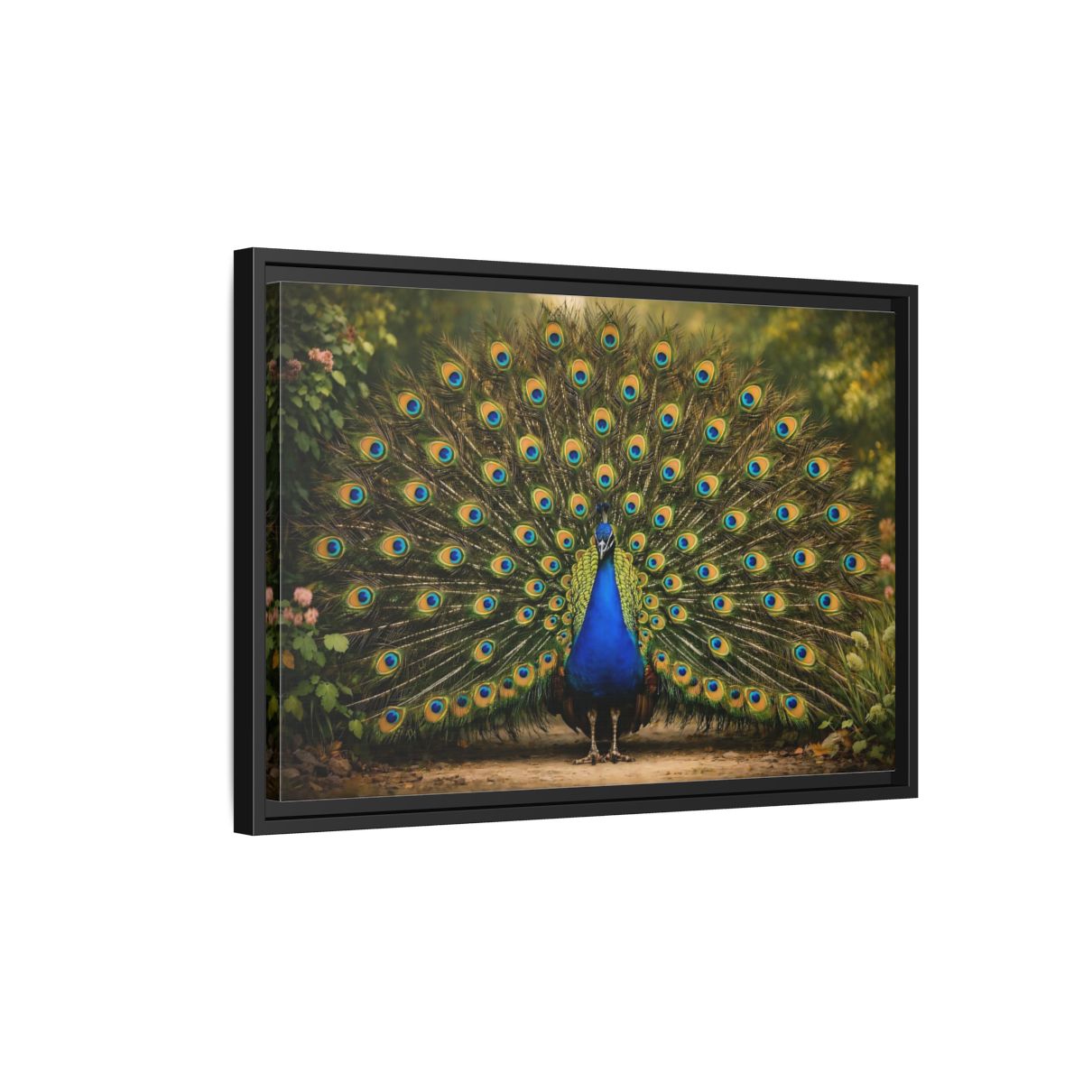 Side Mockup 3. Animals Peacock Peacock Blue shown as stretched canvas wall art