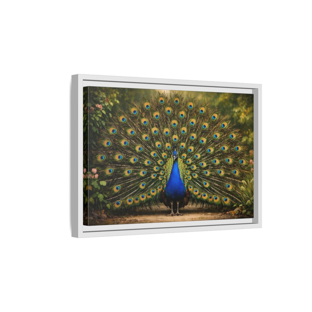 Side Mockup 4. Animals Peacock Peacock Blue shown as stretched canvas wall art