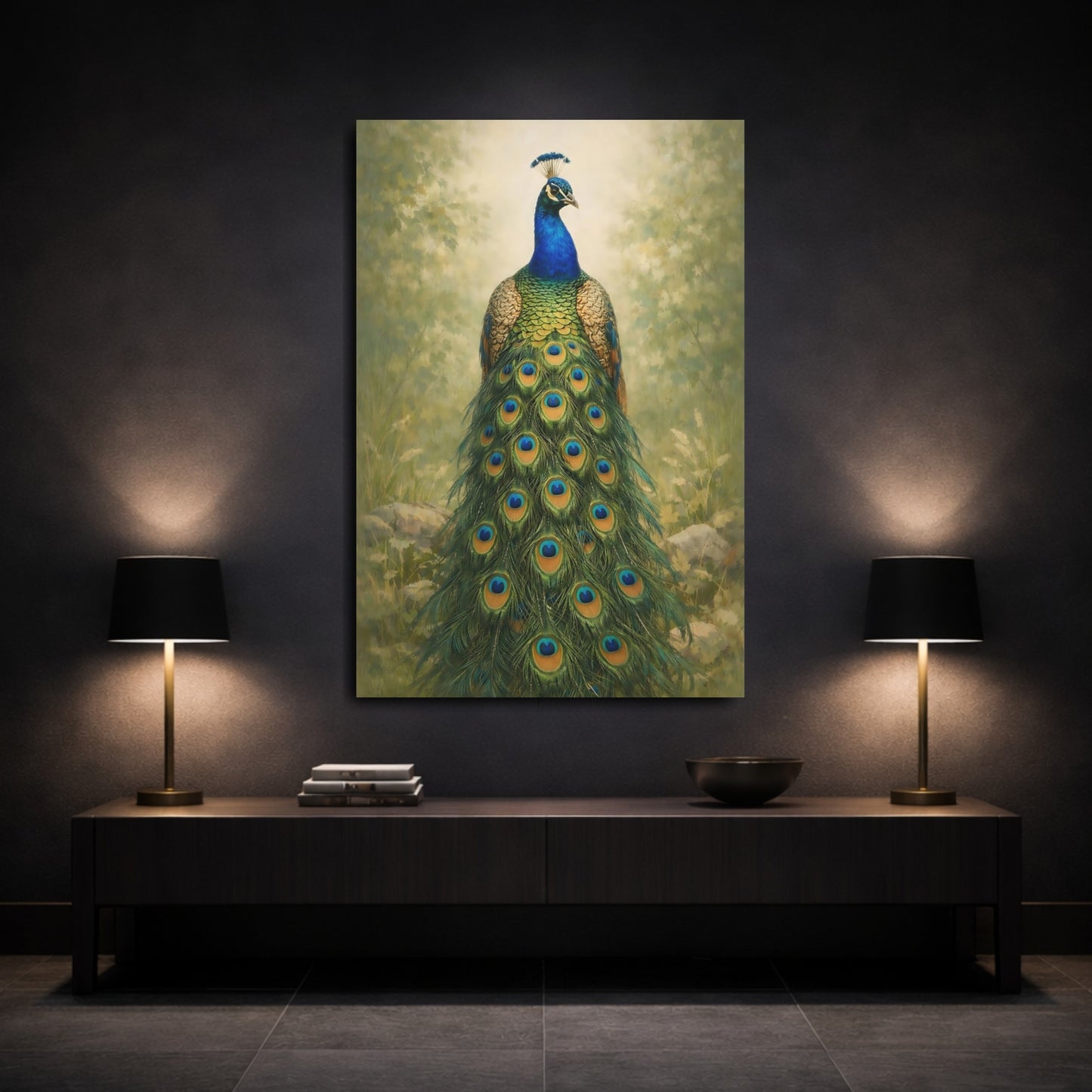 Mockup 2. Animals Peacock Blue Green Peacock shown as stretched canvas wall art