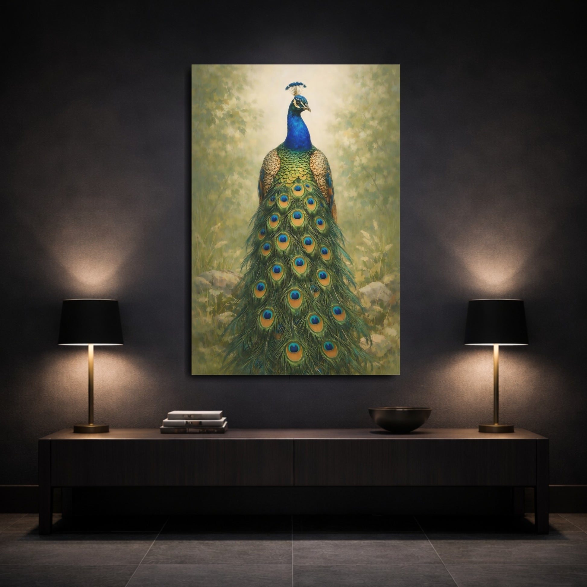 Mockup 2. Animals Peacock Blue Green Peacock shown as stretched canvas wall art