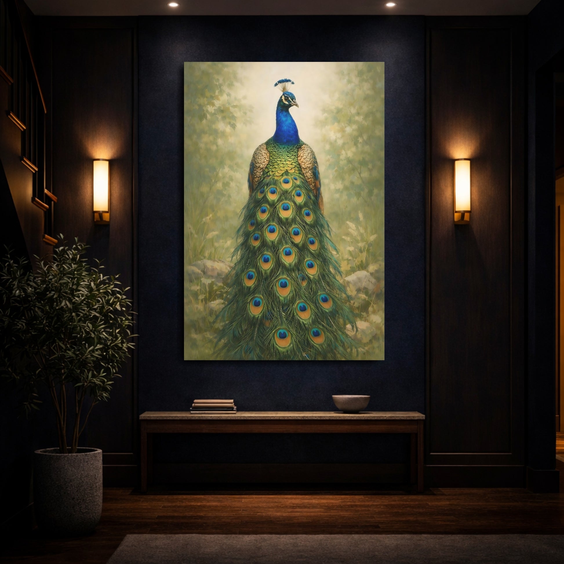 Mockup 3. Animals Peacock Blue Green Peacock shown as stretched canvas wall art
