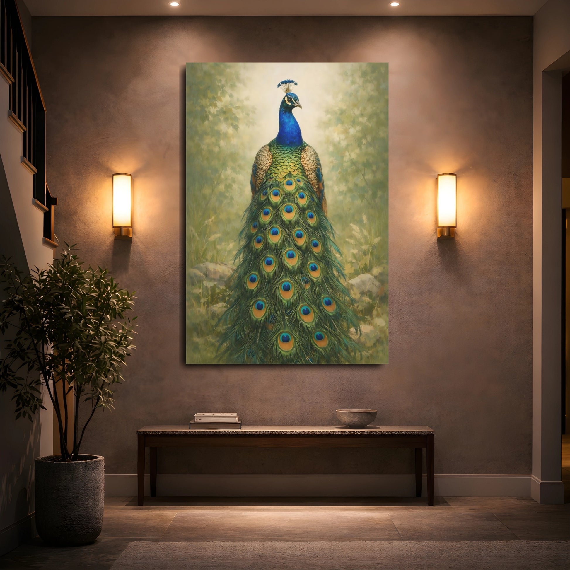 Mockup 4. Animals Peacock Blue Green Peacock shown as stretched canvas wall art