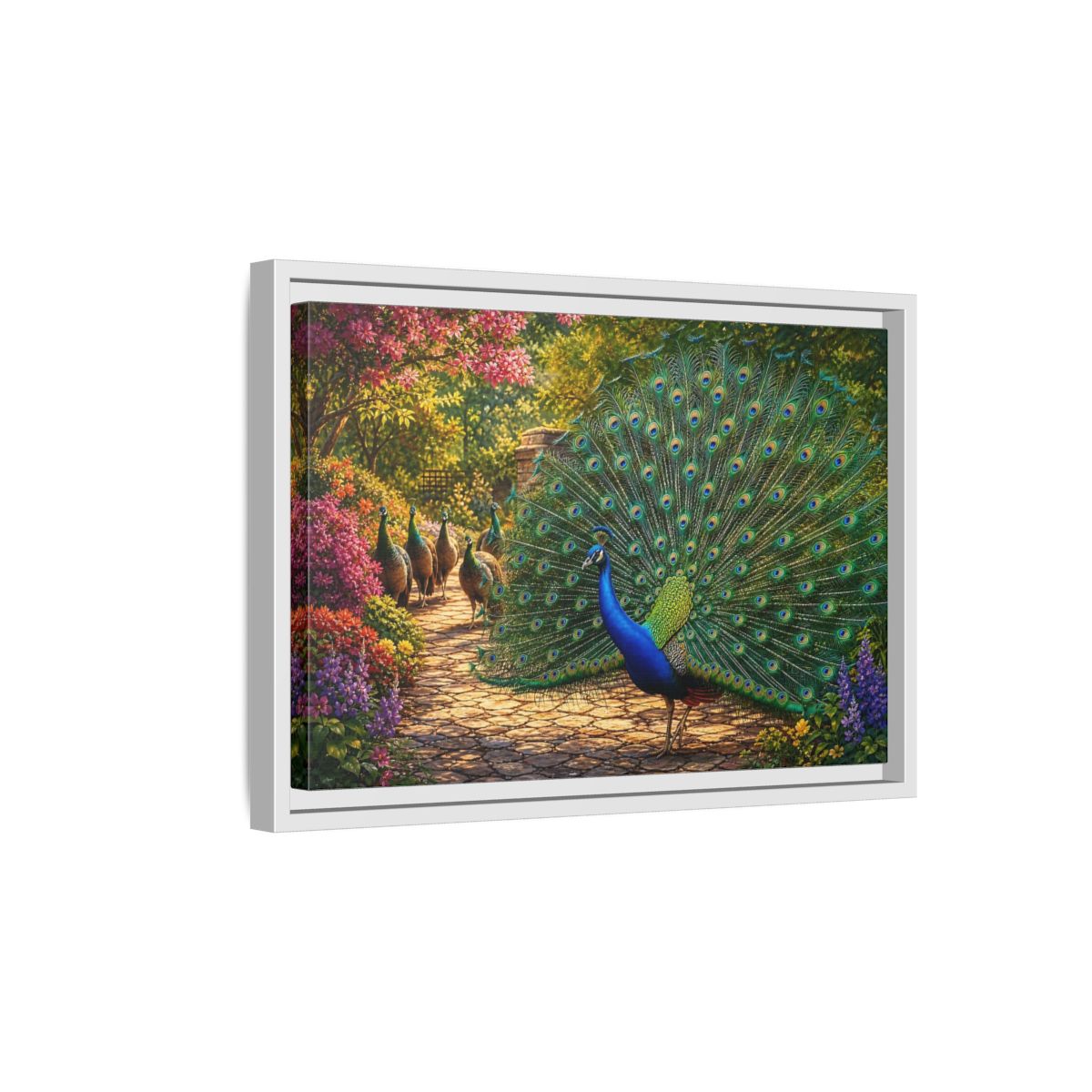 Side Mockup 4. Animals Peacock Colorful Peacock shown as stretched canvas wall art