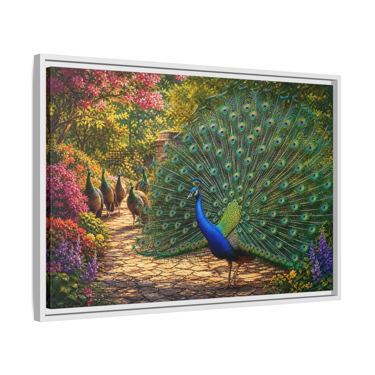 Side Mockup 10. Animals Peacock Colorful Peacock shown as stretched canvas wall art