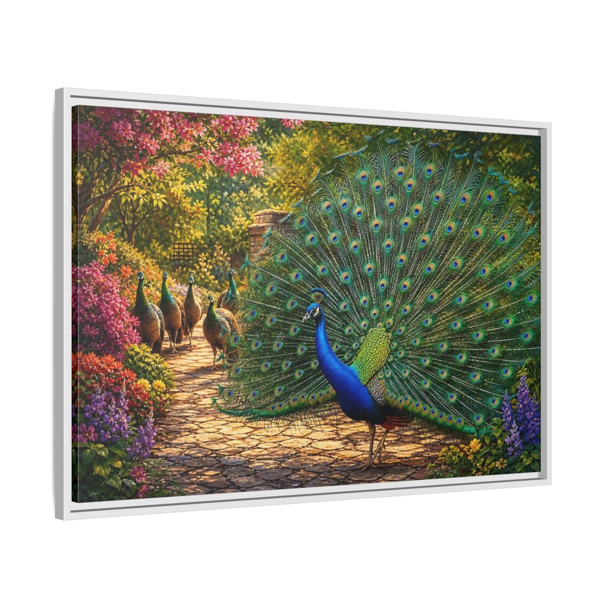 Side Mockup 9. Animals Peacock Colorful Peacock shown as stretched canvas wall art
