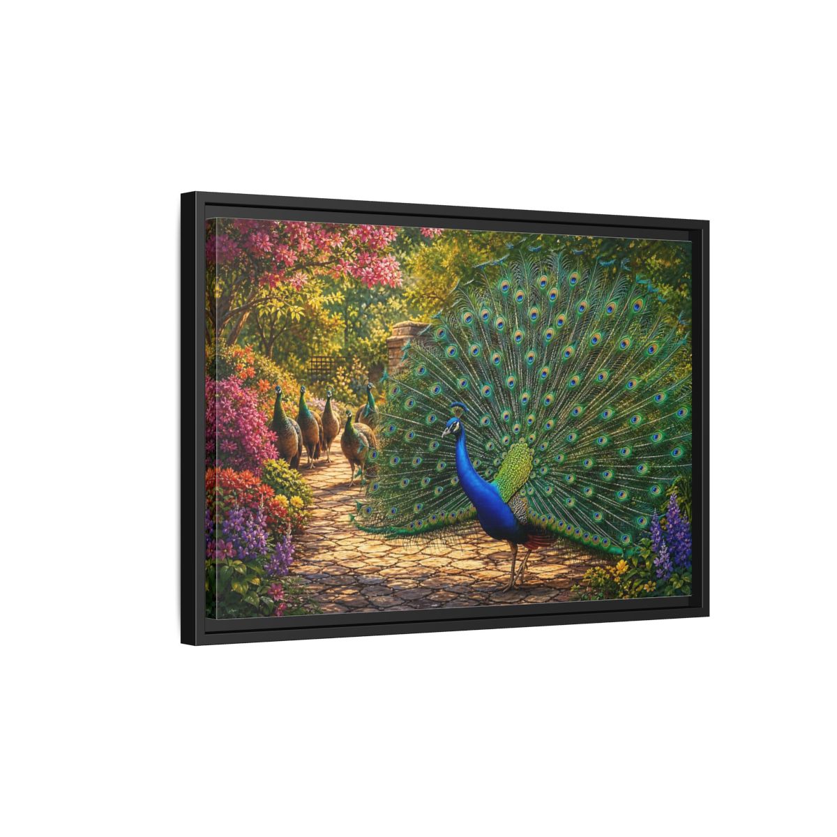 Side Mockup 3. Animals Peacock Colorful Peacock shown as stretched canvas wall art