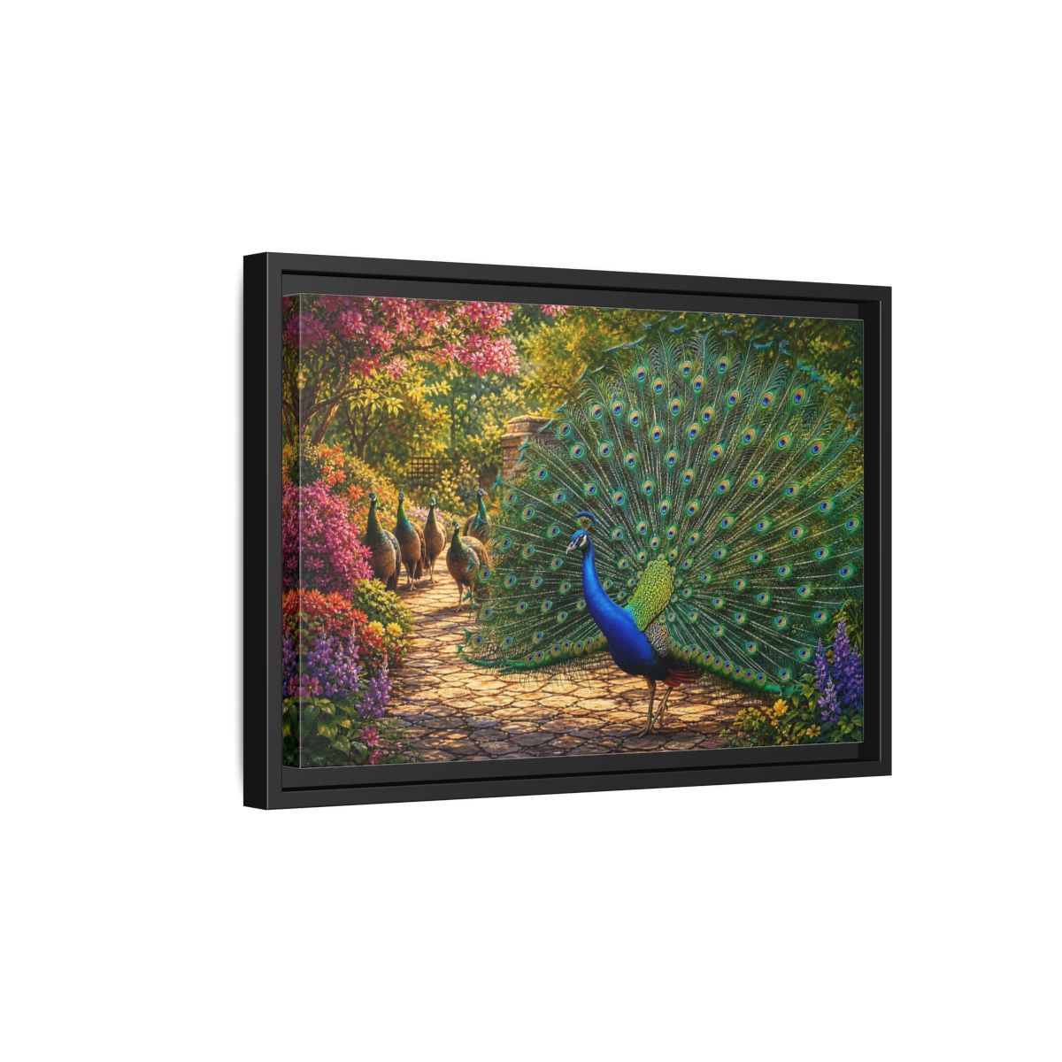 Side Mockup 6. Animals Peacock Colorful Peacock shown as stretched canvas wall art