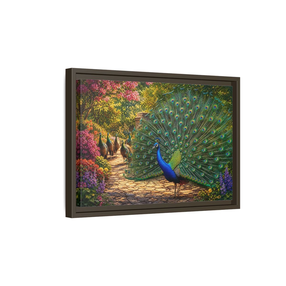 Side Mockup 5. Animals Peacock Colorful Peacock shown as stretched canvas wall art