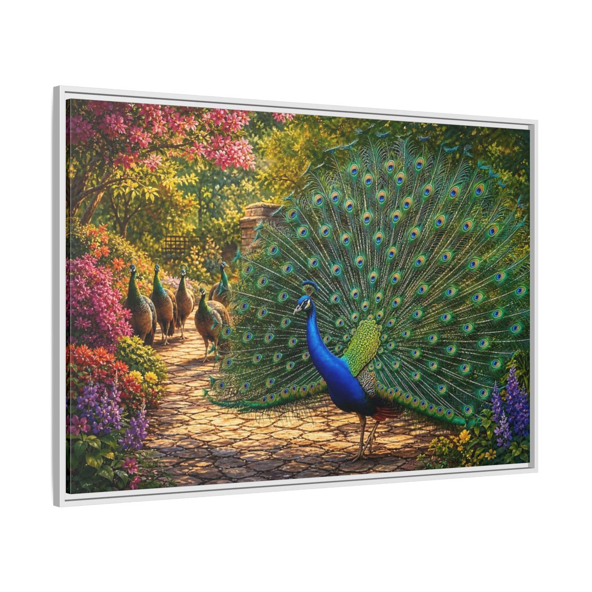 Side Mockup 7. Animals Peacock Colorful Peacock shown as stretched canvas wall art