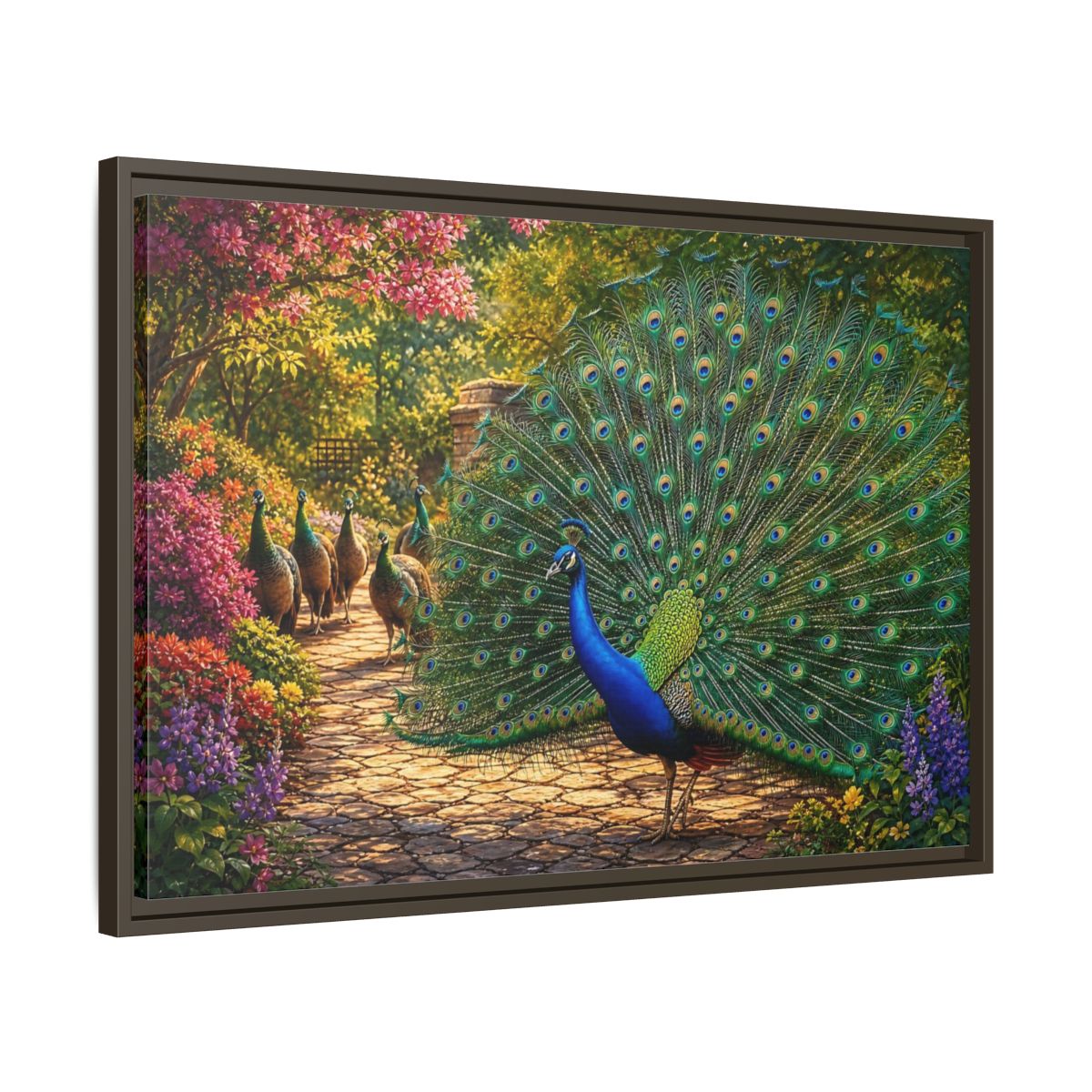 Side Mockup 11. Animals Peacock Colorful Peacock shown as stretched canvas wall art